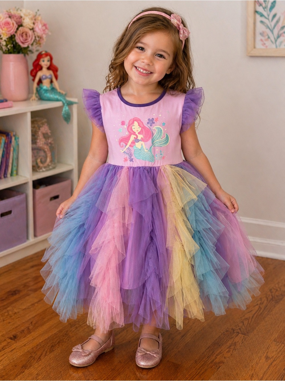 Girls' Mermaid Tulle Rainbow Party Dress - Pink & Purple